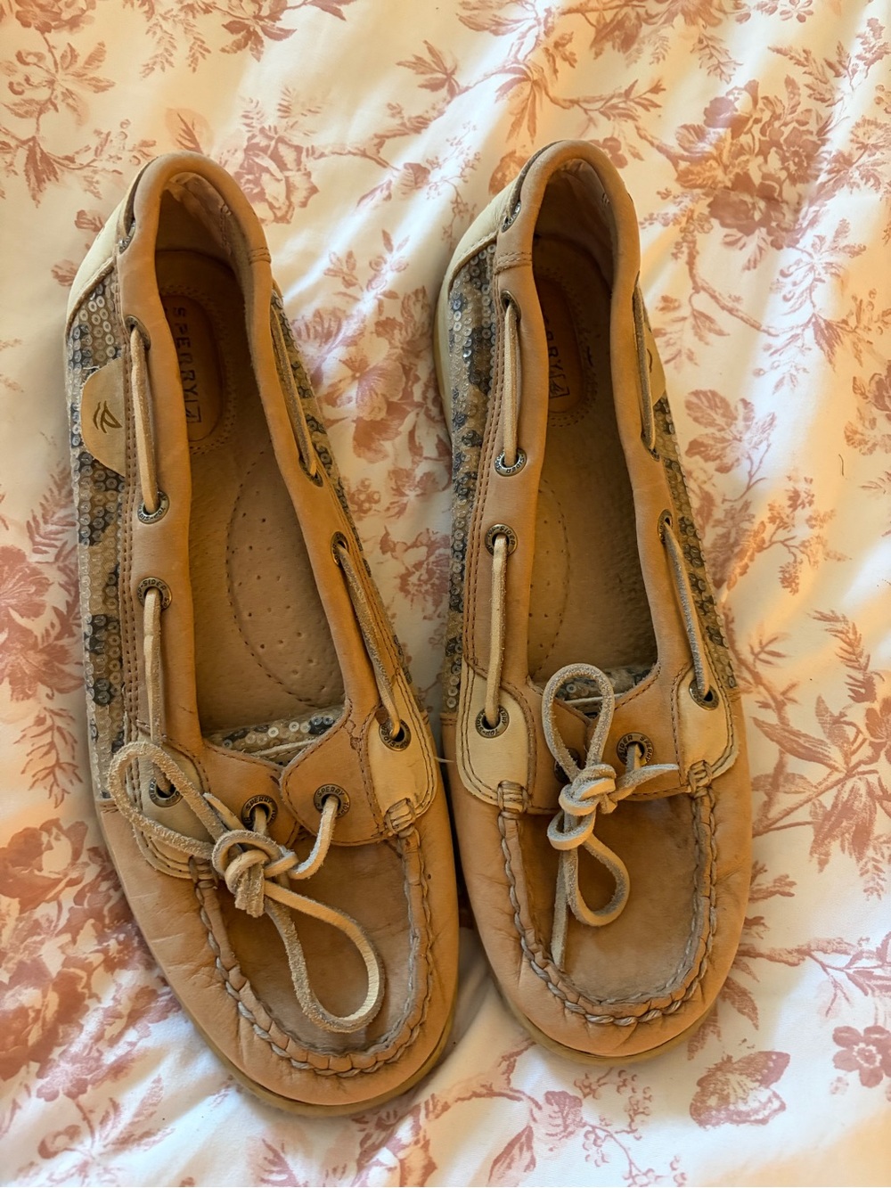 Boat Shoe Loafers in Tan with Sequin Animal Print Trim - Sperry
